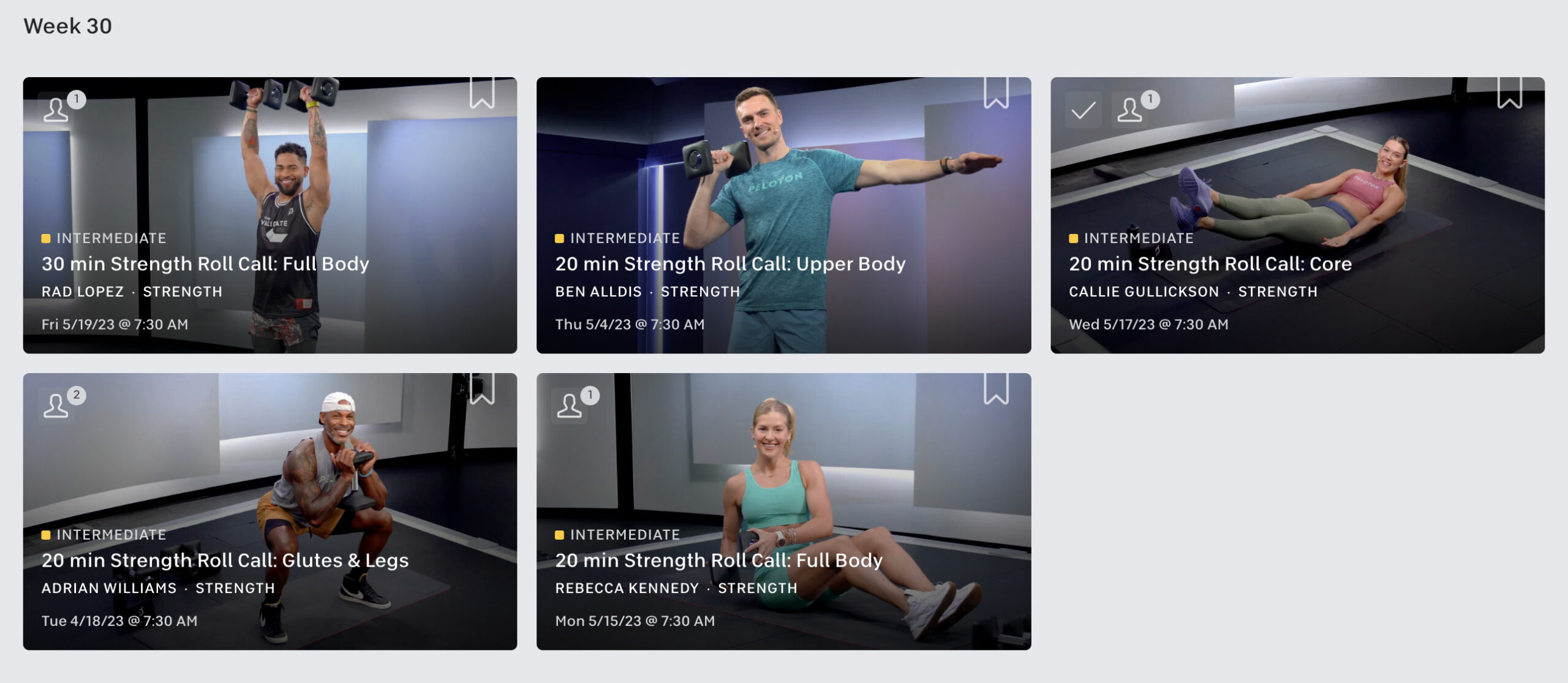 Week 30 of classes in Peloton's Strength Roll Call Collection.