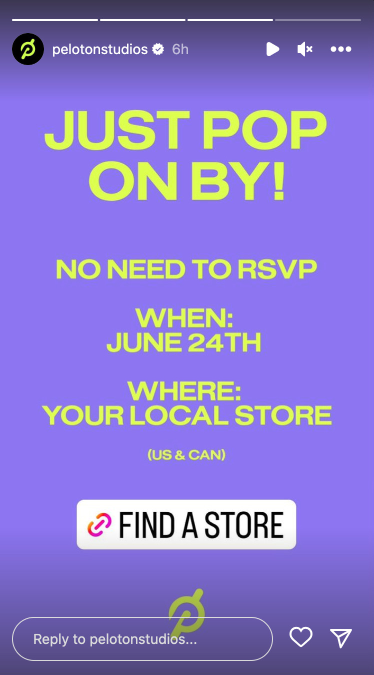 @PelotonStudios Instagram stories announcing retail store Pride event. Image credit Peloton social media.