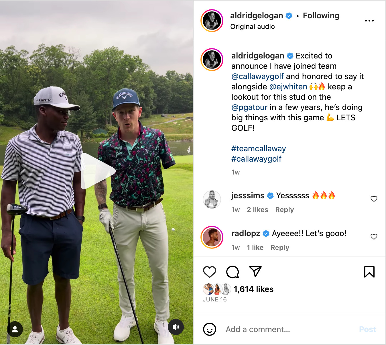 Logan Aldridge's Instagram post announcing Callaway news.