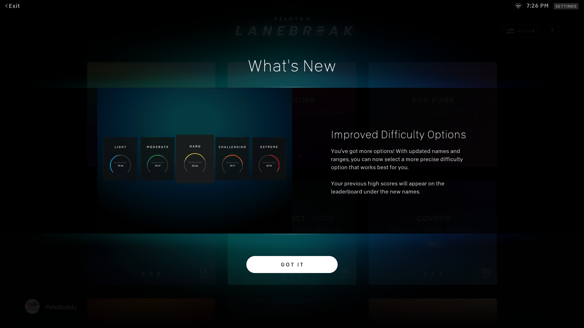 Pop-up on Bike/Bike+ devices regarding updated Lanebreak levels.