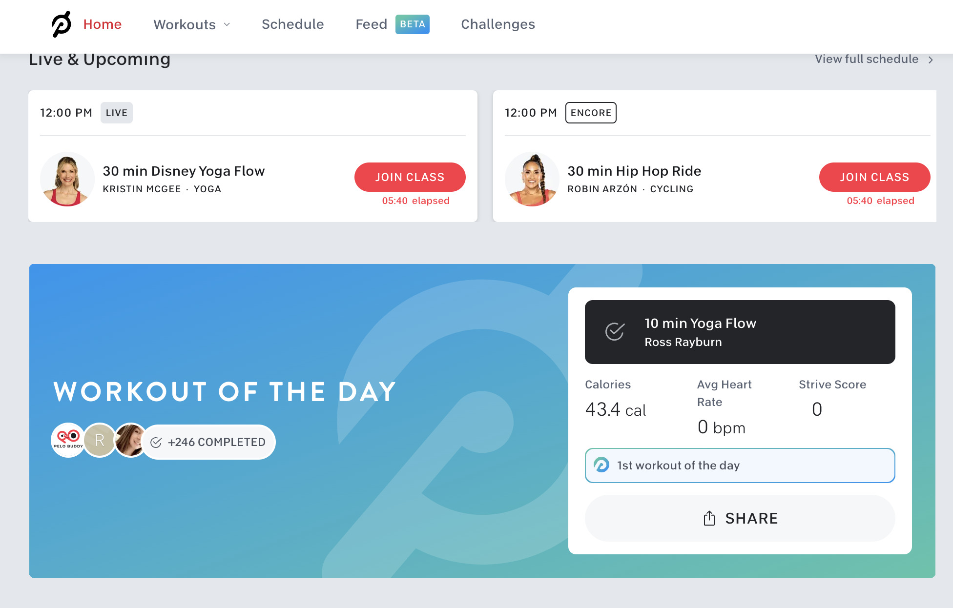 Workout of the Day feature on the web browser after completion.