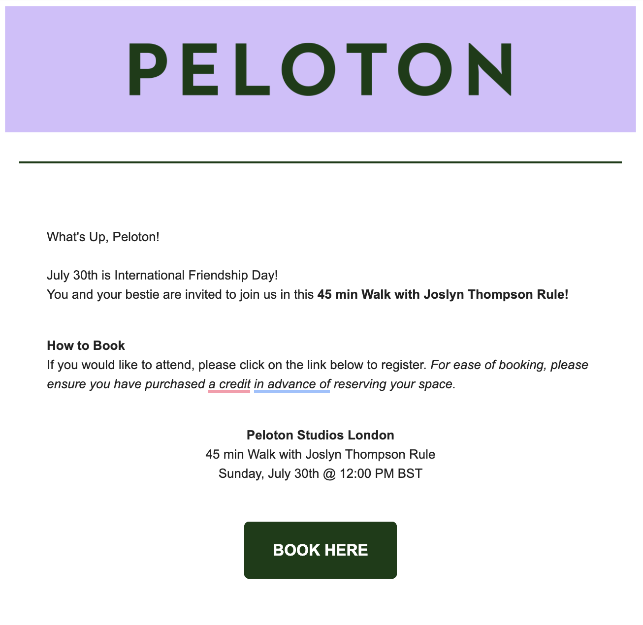 Email from Peloton to select members containing invite to class with Joslyn Thompson Rule.