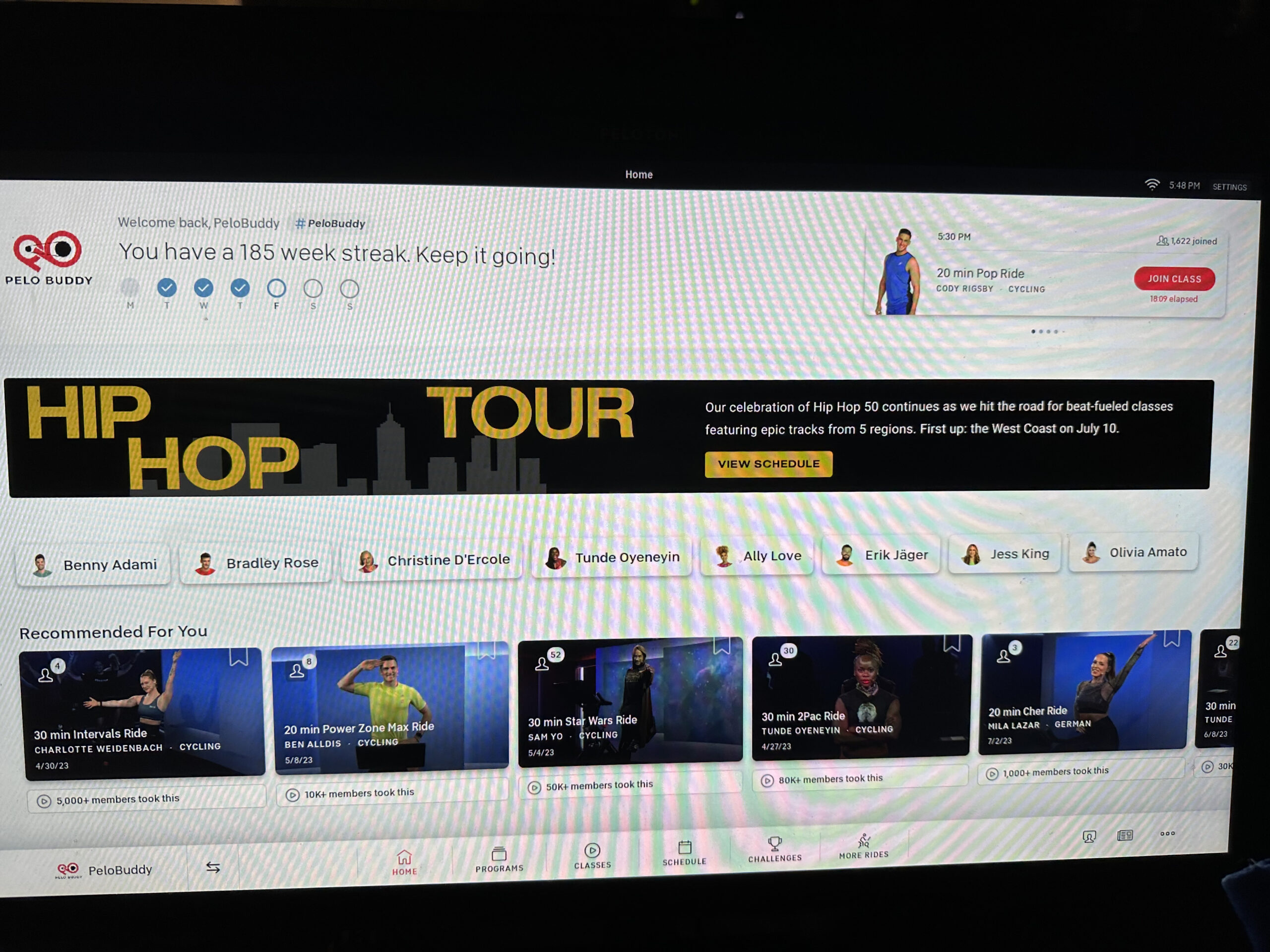 Banner on Bike and Tread devices announcing upcoming Hip Hop Tour class series.