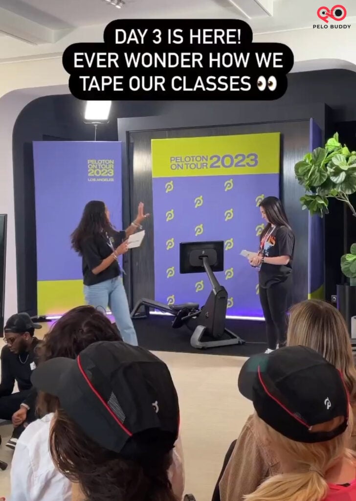 Peloton crew giving an overview for the backstage pass holders before class taping at Peloton on Tour.