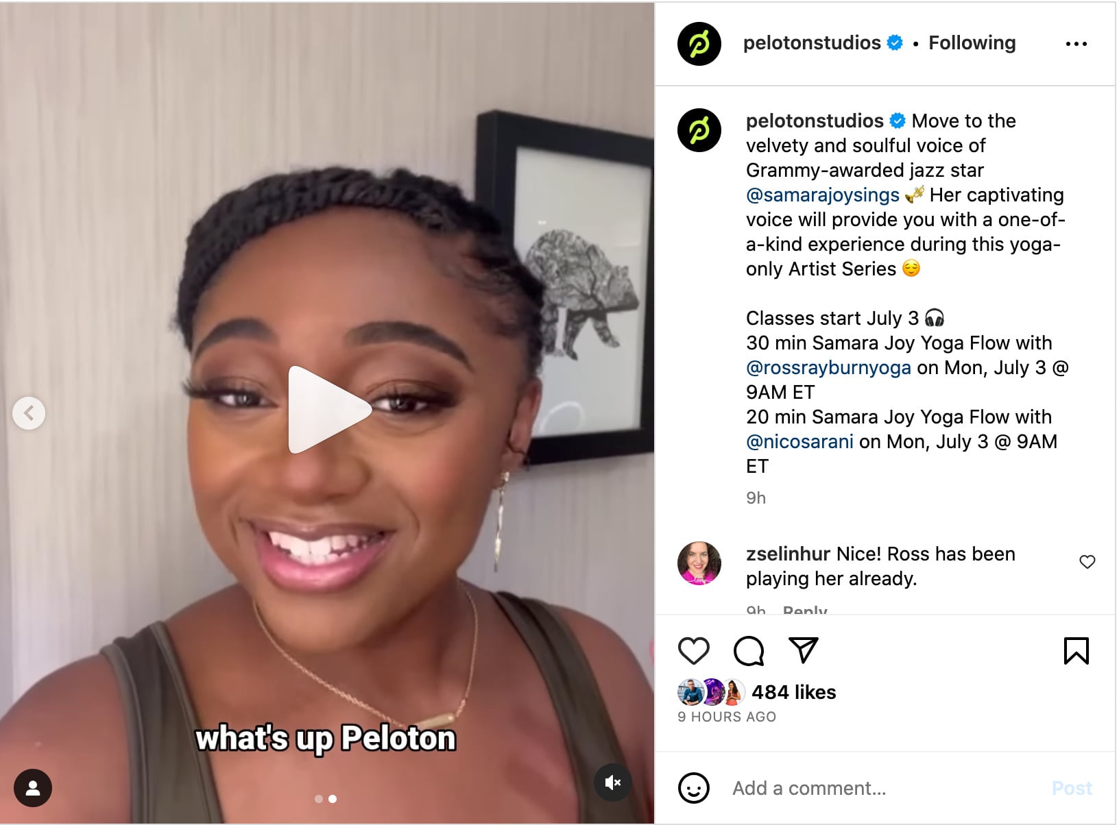 Peloton announcement about Samara Joy artist series featuring video of Samara Joy.