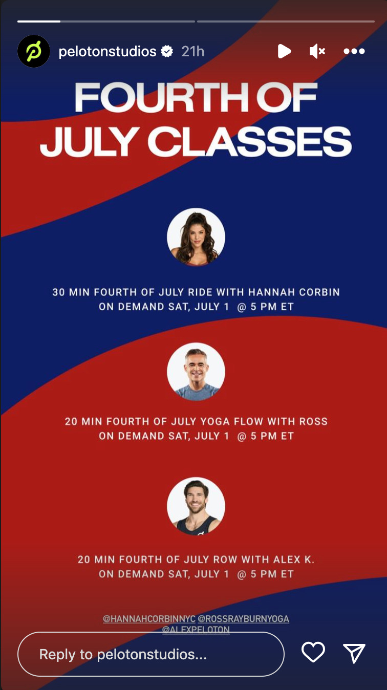 Peloton July 4th classes. Image credit Peloton social media.
