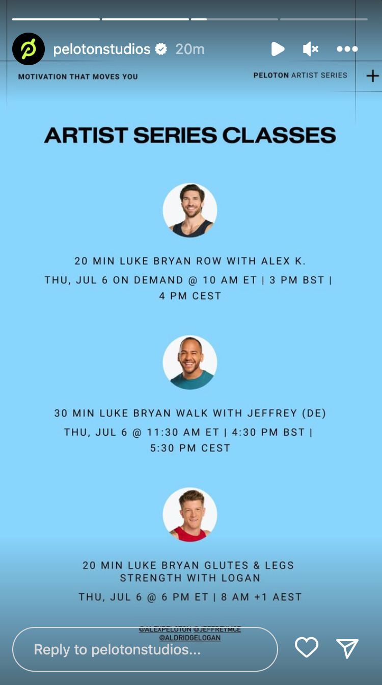 Peloton Luke Bryan artist series class list. Image credit Peloton social media.