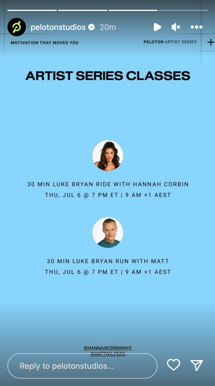 Peloton Luke Bryan artist series class list. Image credit Peloton social media.
