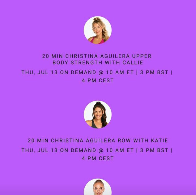 Peloton Christina Aguilera artist series schedule. Image credit Peloton social media.