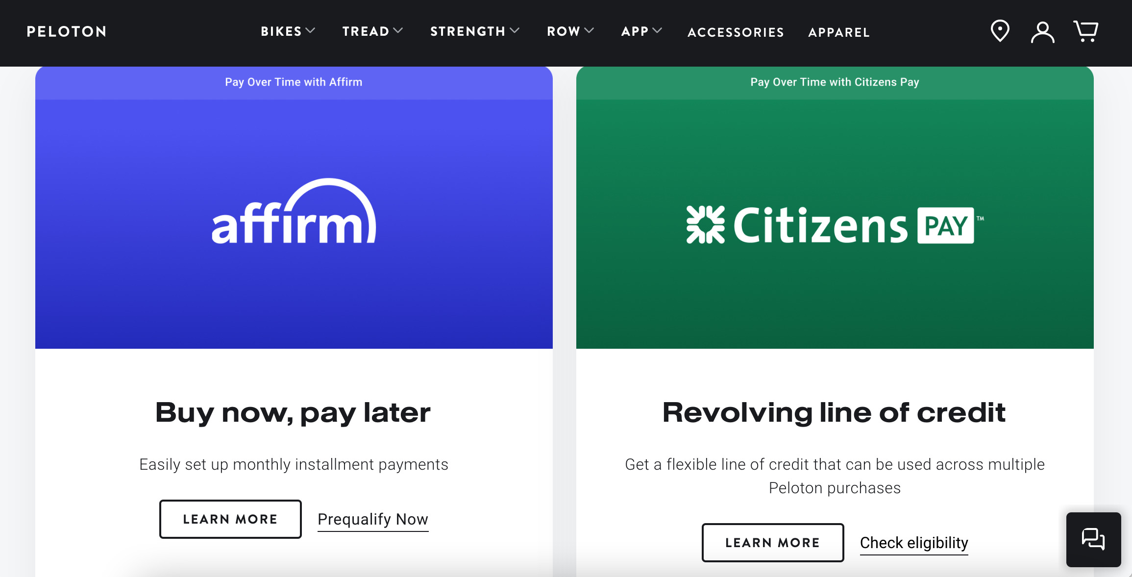 Peloton's financing page with Citizens Pay addition.