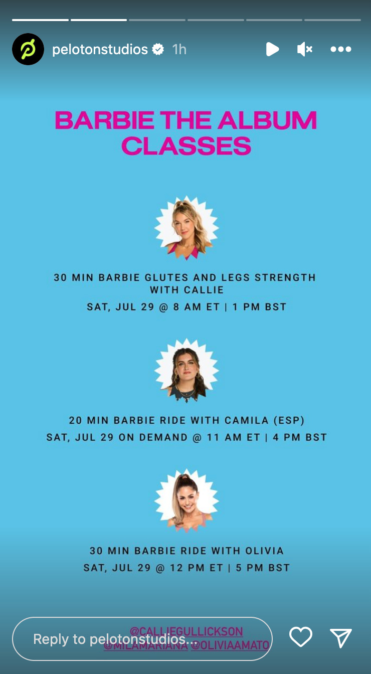 Peloton Barbie classes. Image credit Peloton social media.
