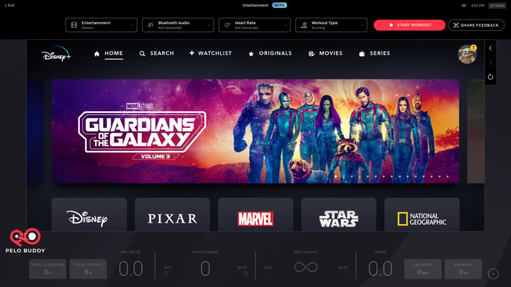 Home page of Disney+ on a Peloton Tread with Peloton Entertainment.