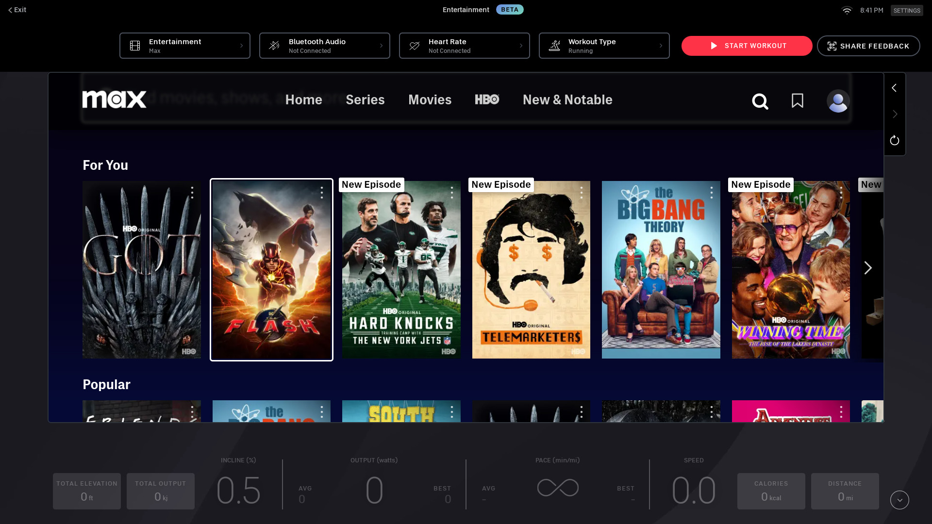 Max home screen with various shows.