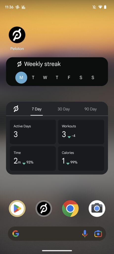 Two Peloton widgets as seen on an Android phone.