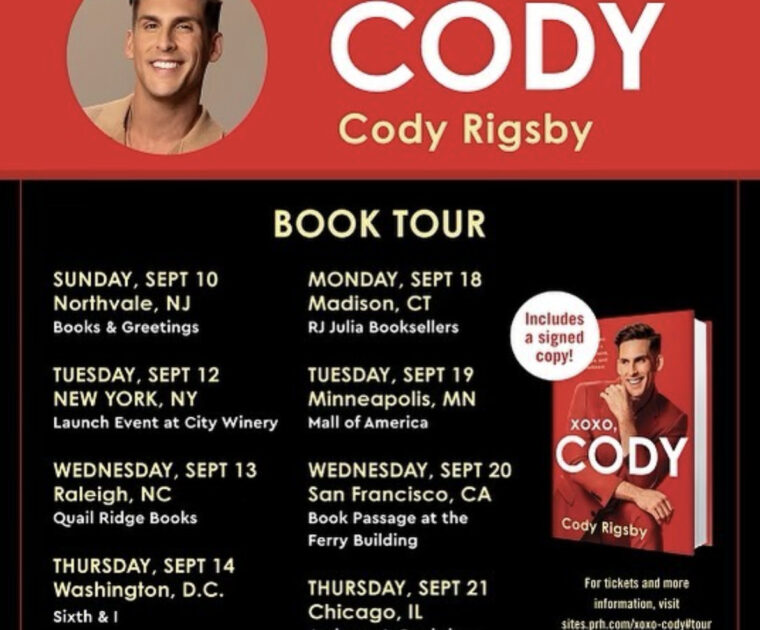 Cody Rigsby book tour dates. Image credit Cody's social media.