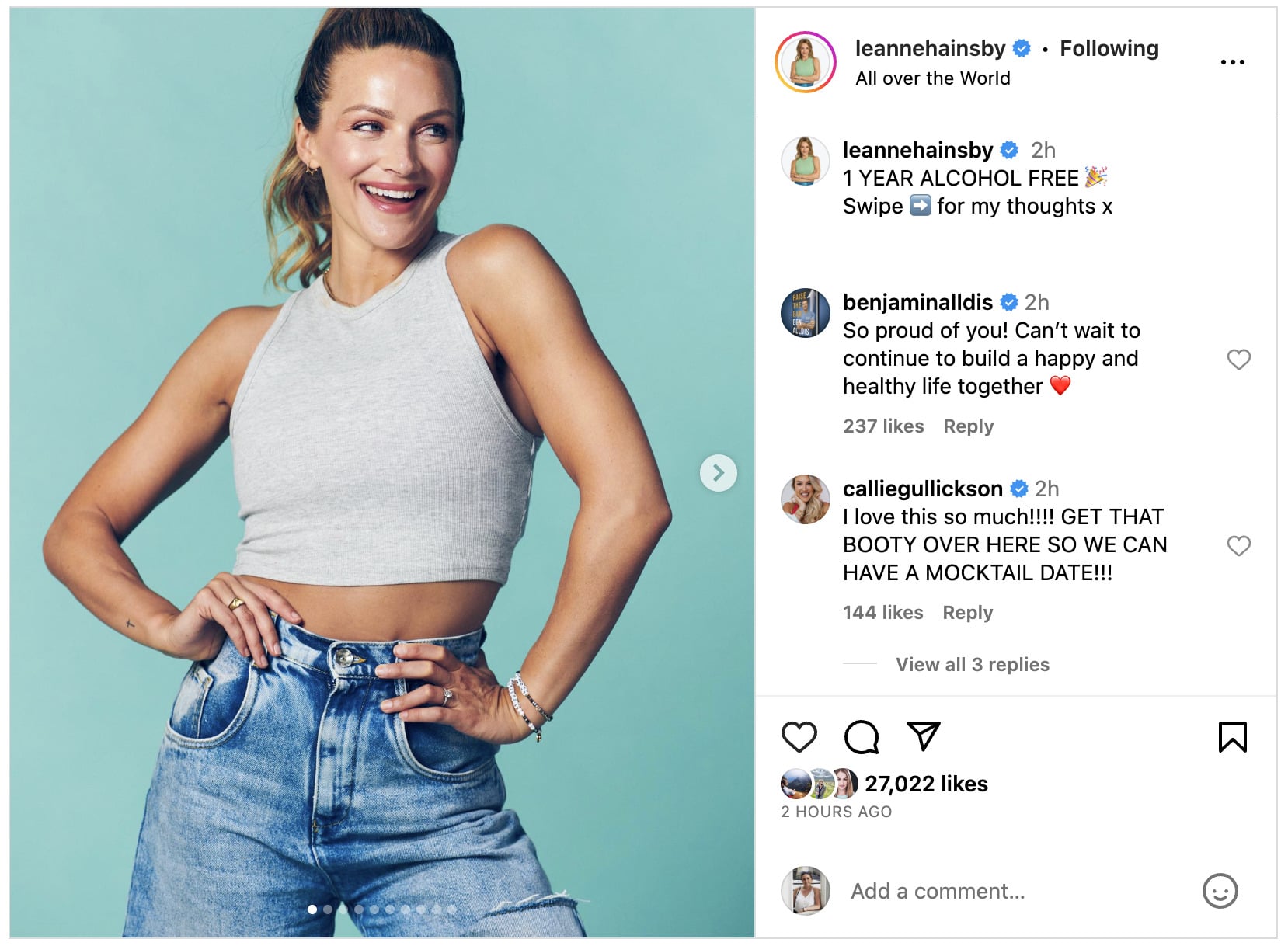 Leanne Hainsby Instagram post regarding one year of sobriety.