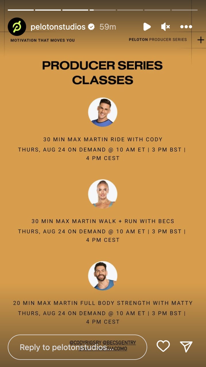 Peloton Max Martin classes. Image credit Peloton social media.