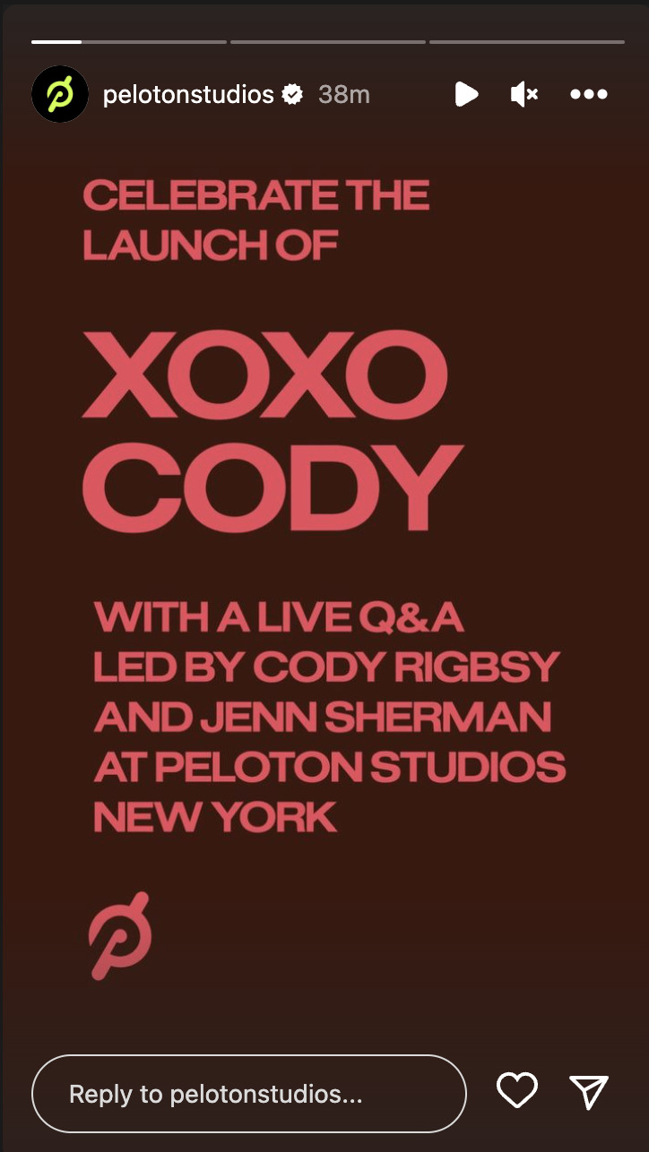 @PelotonStudios Instagram Story announcing book launch event for Cody Rigsby at PSNY.