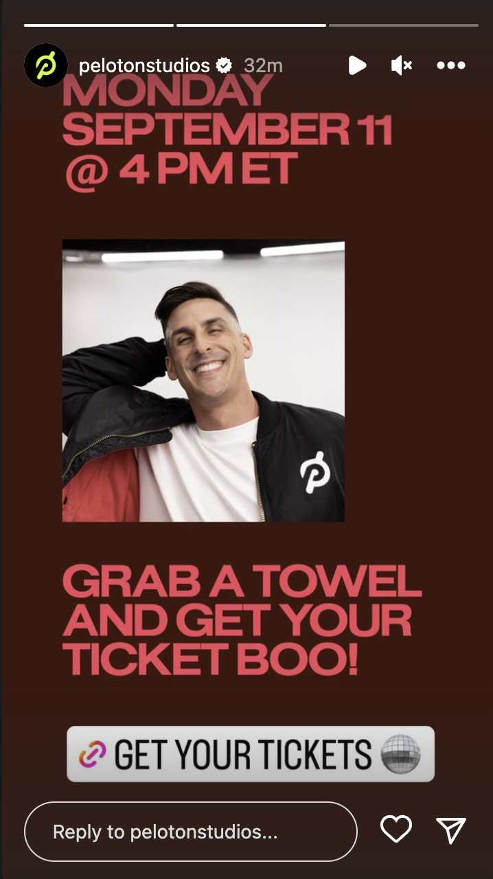 @PelotonStudios Instagram Story announcing book launch event for Cody Rigsby at PSNY.