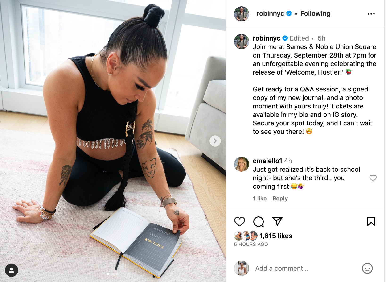 Robin Arzón's Instagram post announcing "Welcome, Hustler!" launch event.