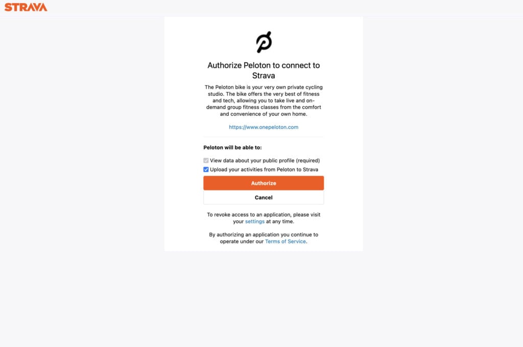 Confirming permissions to allow Peloton to sync and post workouts to Strava.
