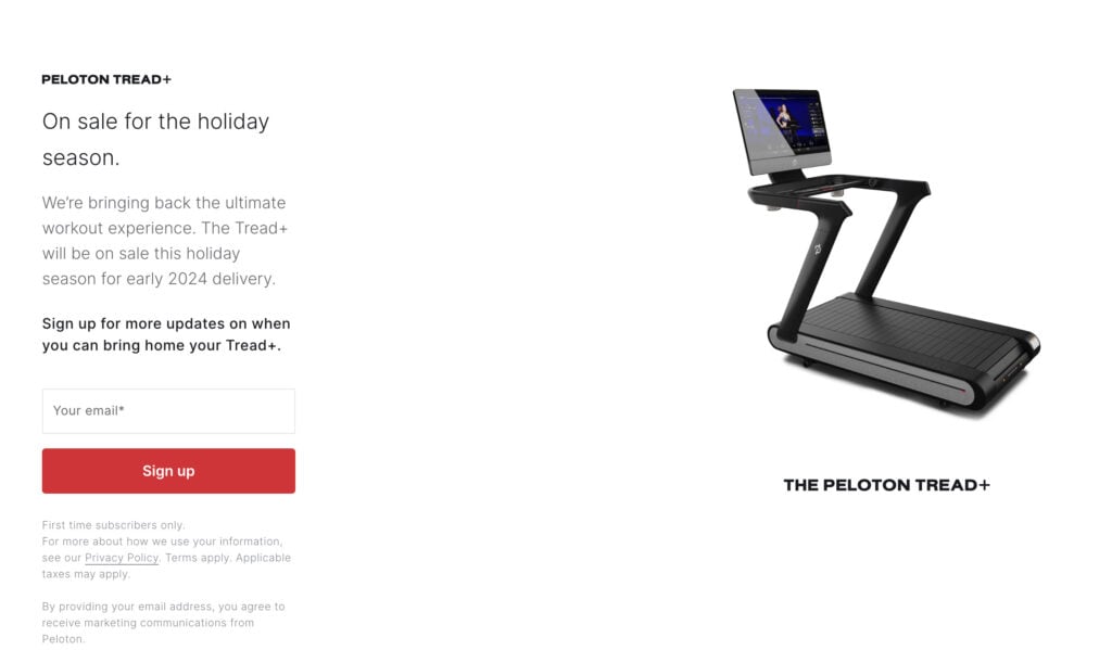 Updated Peloton Tread+ landing page with updated date for availability.