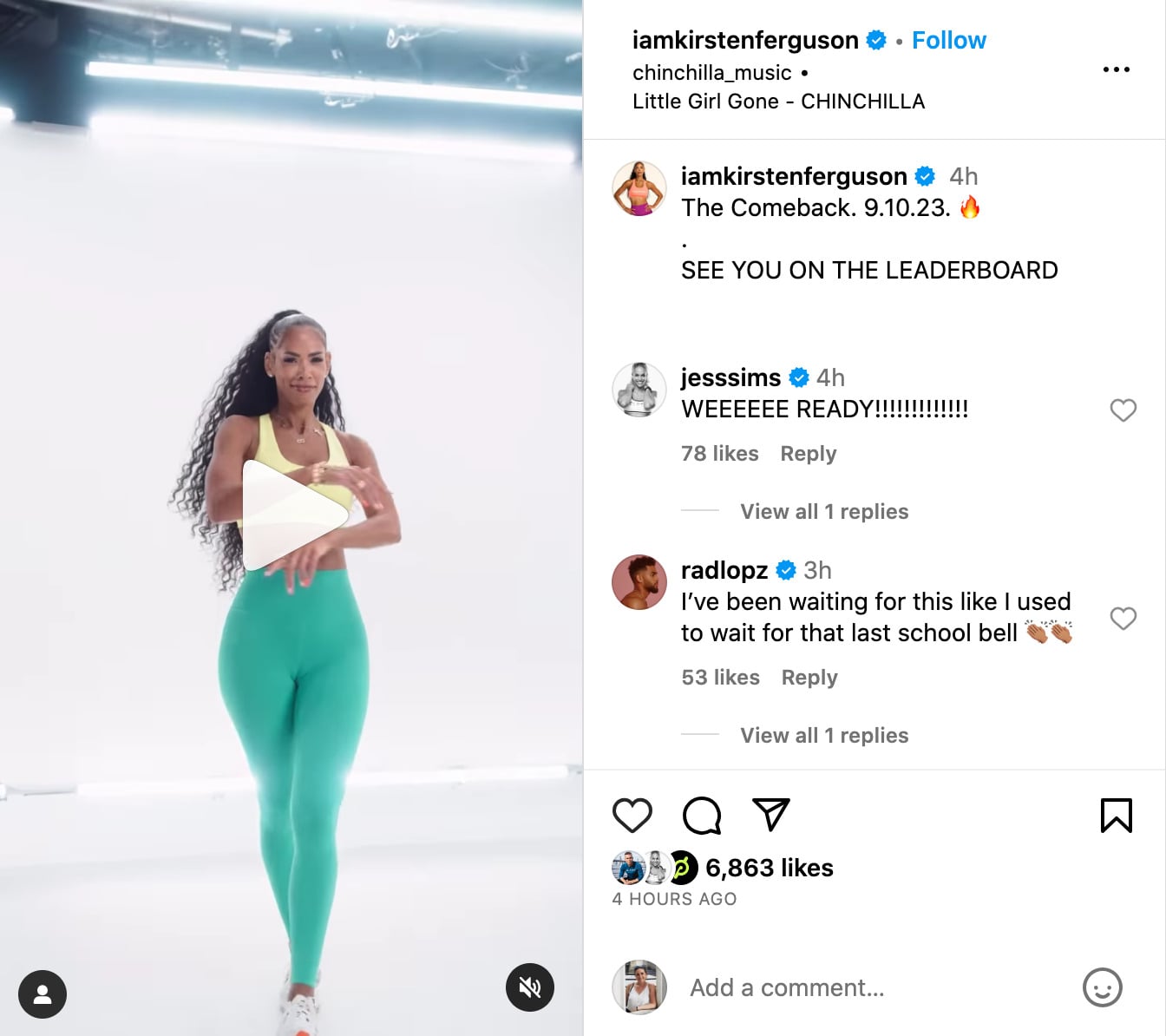 Kirsten Ferguson's Instagram post announcing return to the Peloton live schedule.