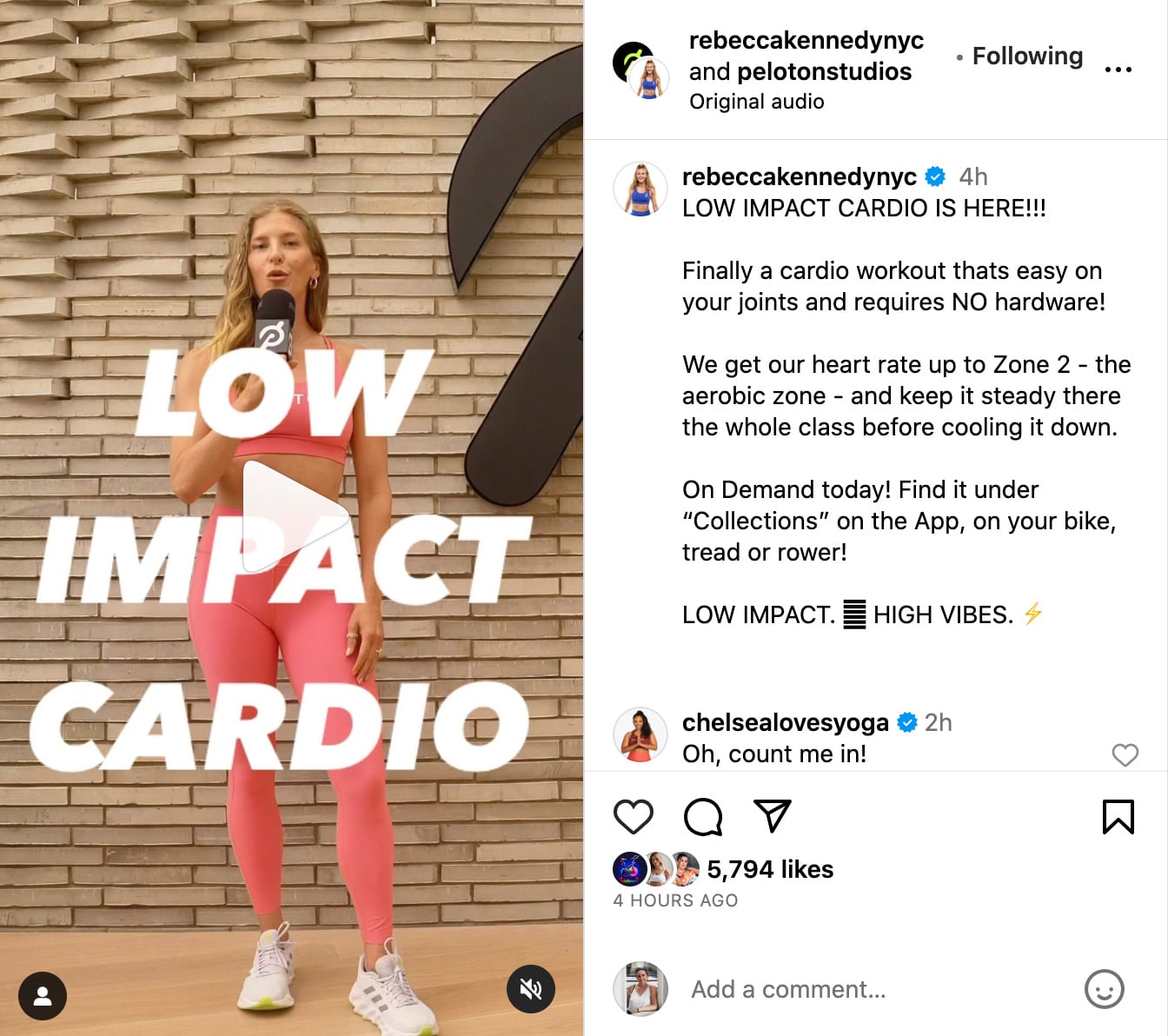 Rebecca Kennedy's Instagram post announcing Low Impact Cardio.