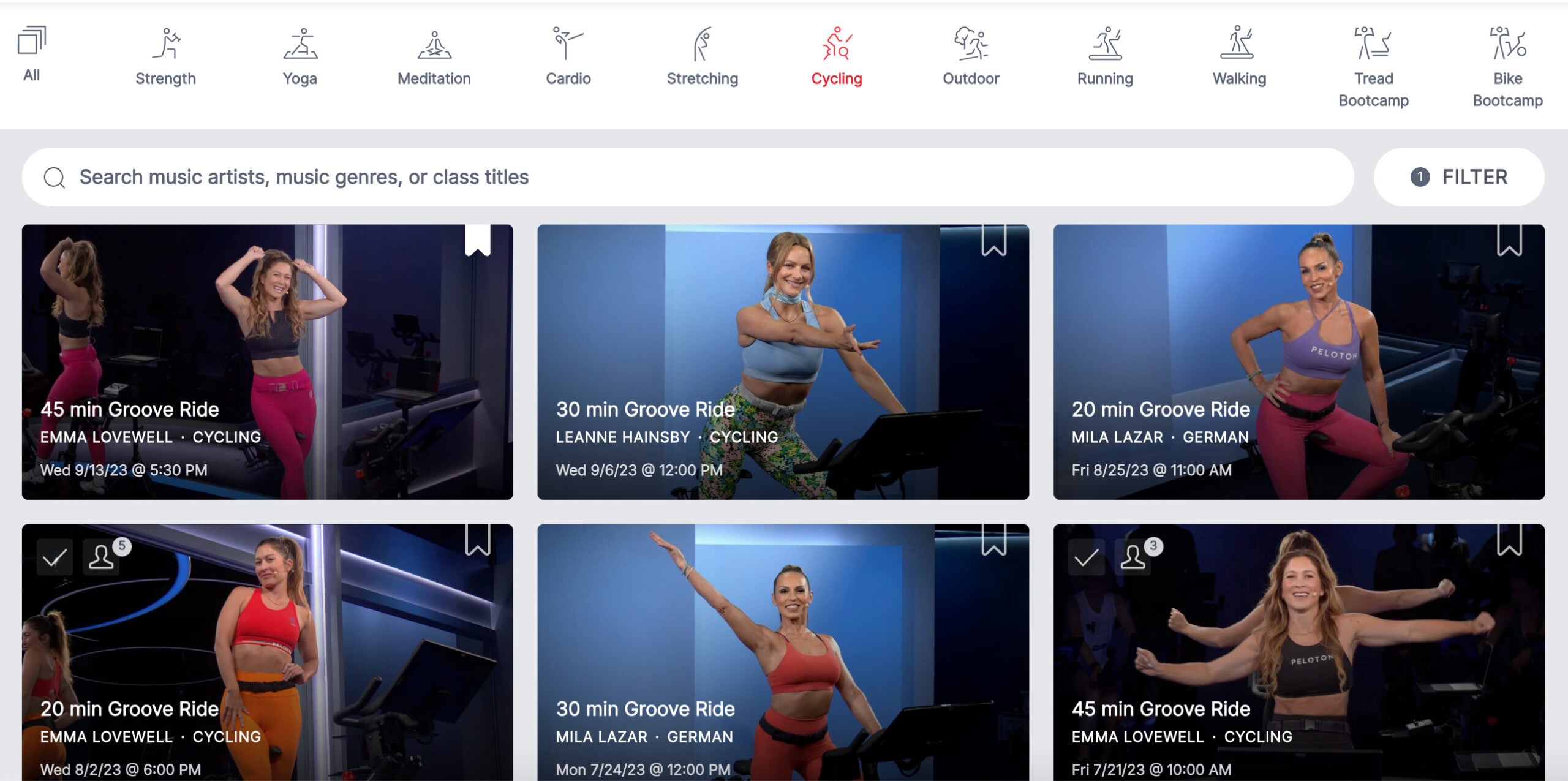 Peloton cycling library with Groove filter applied.