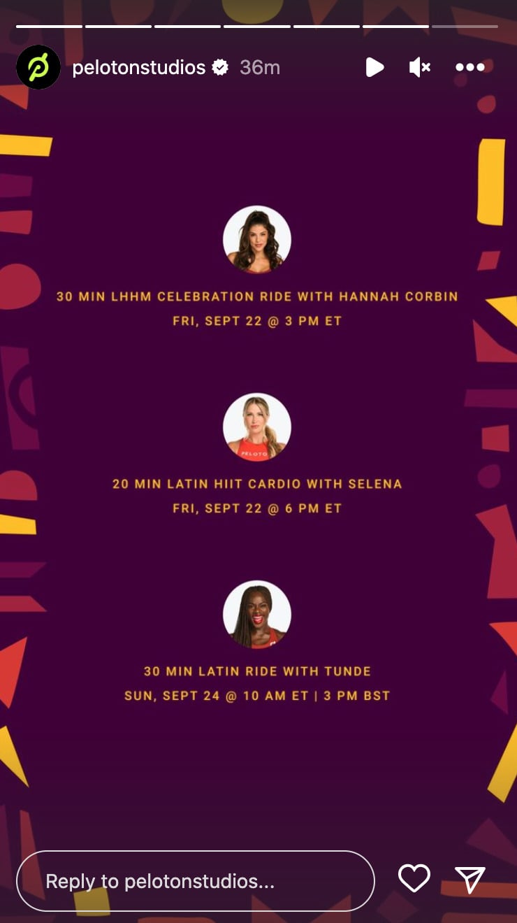@PelotonStudios Instagram Story announcing 2023 Latin & Hispanic Heritage Month programming.