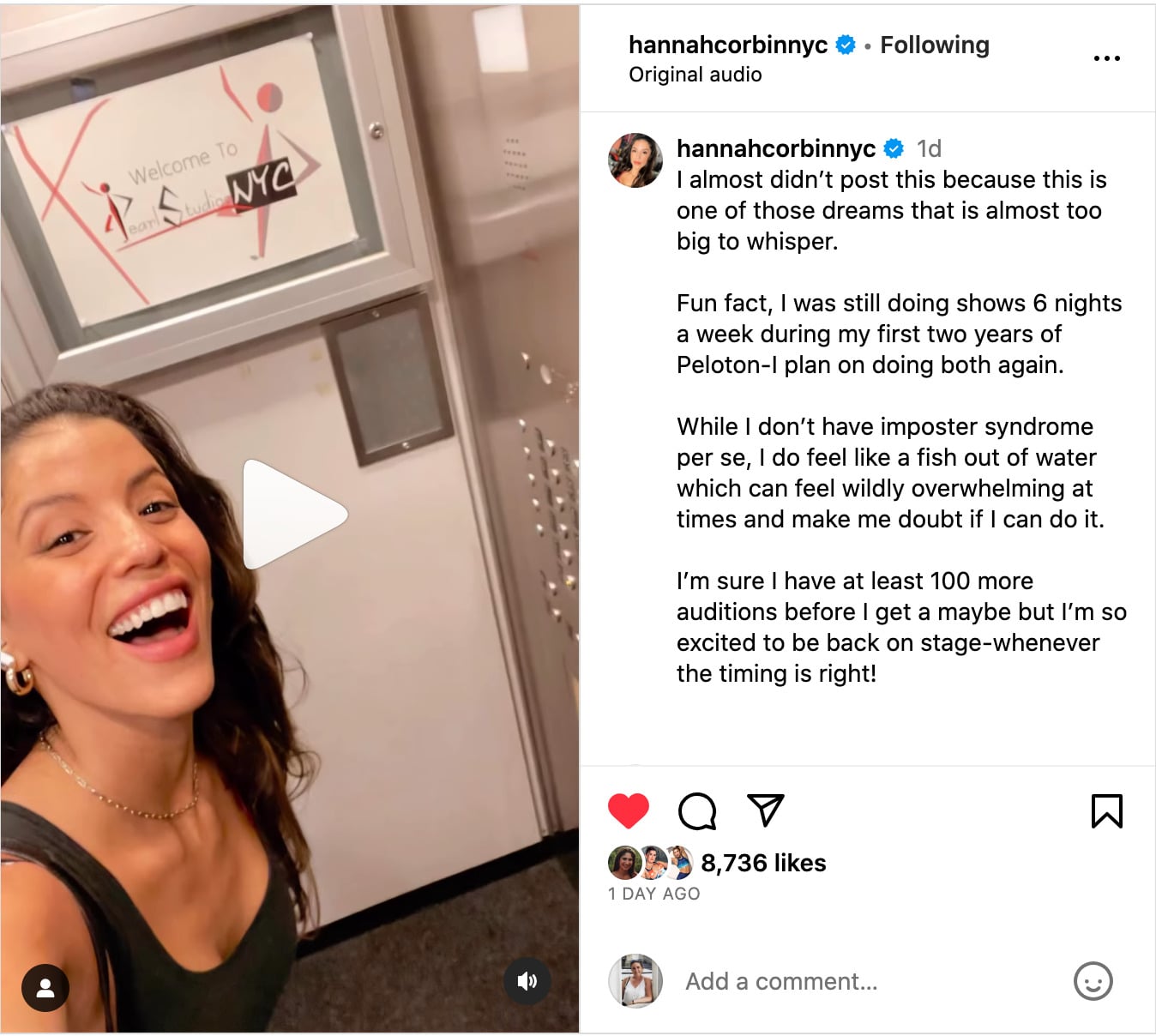 Hannah Corbin's Instagram post announcing potential return to Broadway.