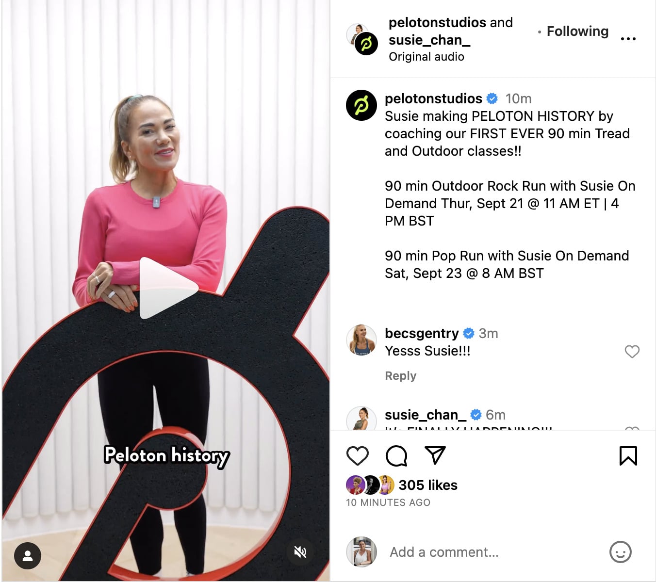 Peloton Instagram post about first-ever 90 minute runs.