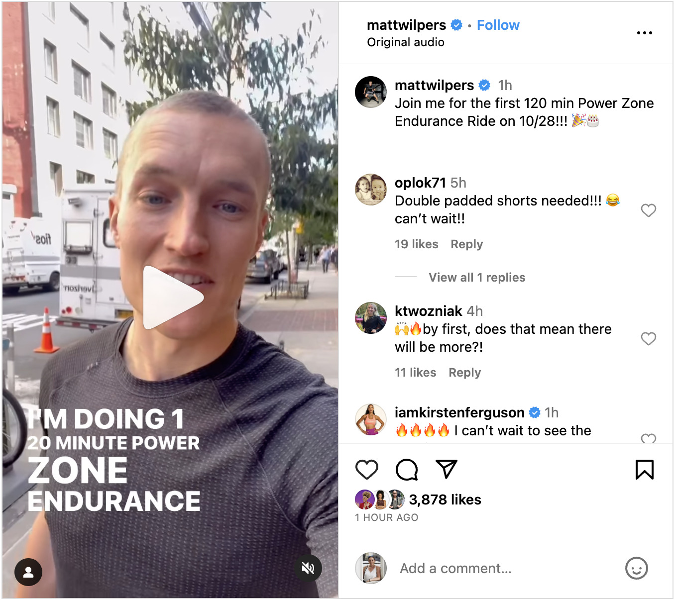 Matt Wilpers' Instagram post regarding first Peloton 2 hour ride.