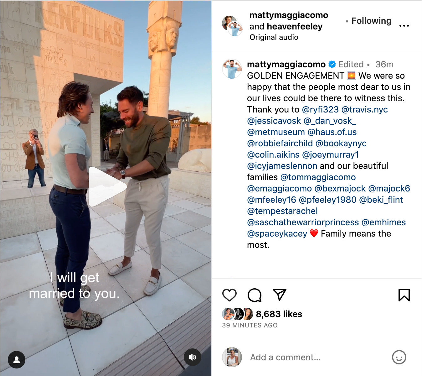 Matty Maggiacomo's Instagram post announcing engagement.