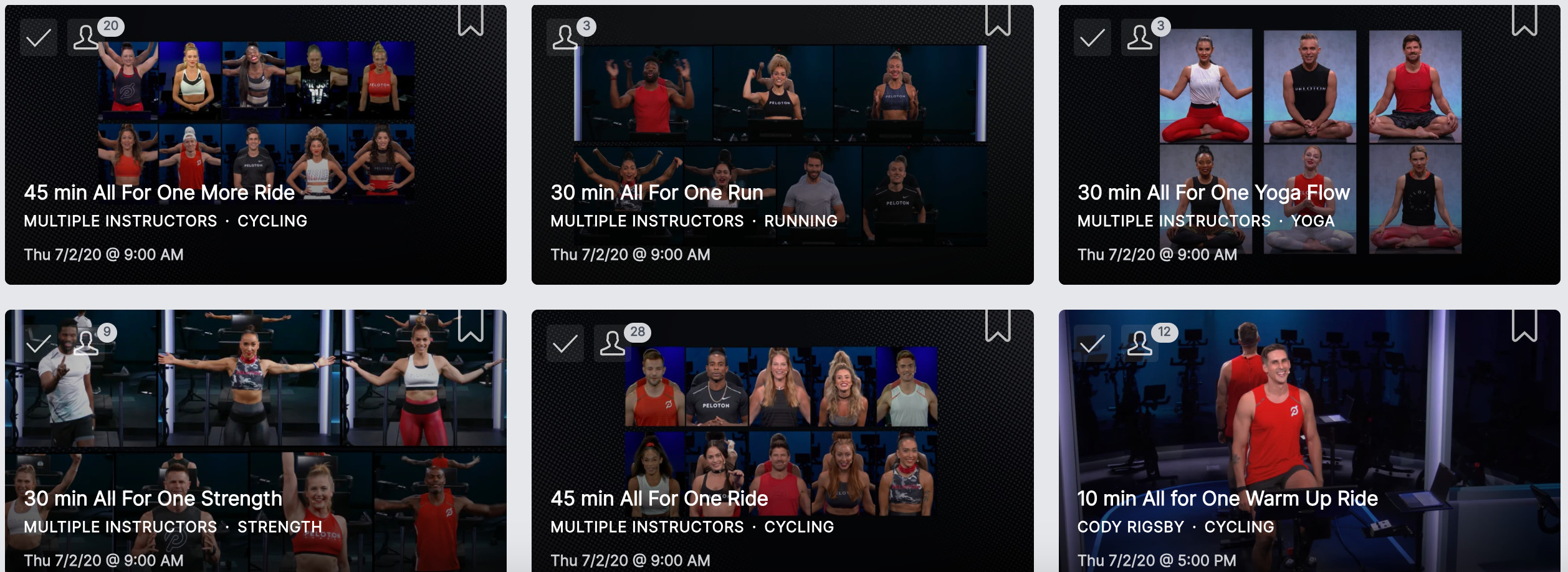 Peloton's 2020 All for One classes, which remain in the on-demand library after this week's class library maintenance.