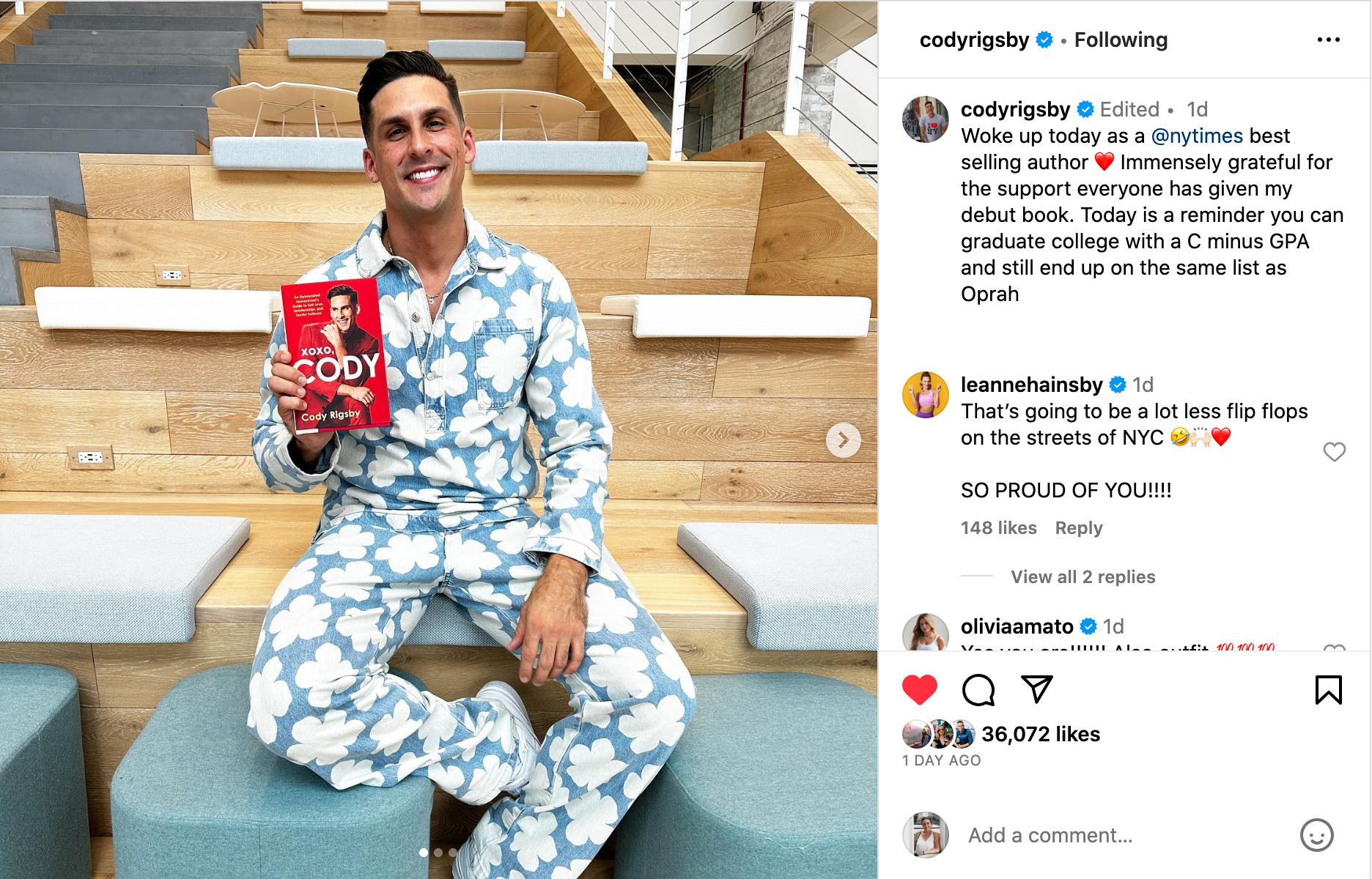 Cody Rigsby's Instagram post announcing New York Times bestseller list.