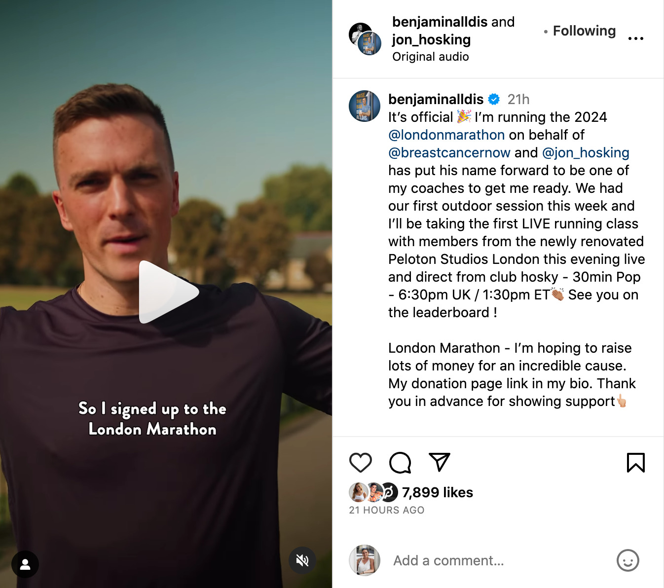 Ben's Instagram post announcing that he is training for the 2024 London Marathon.