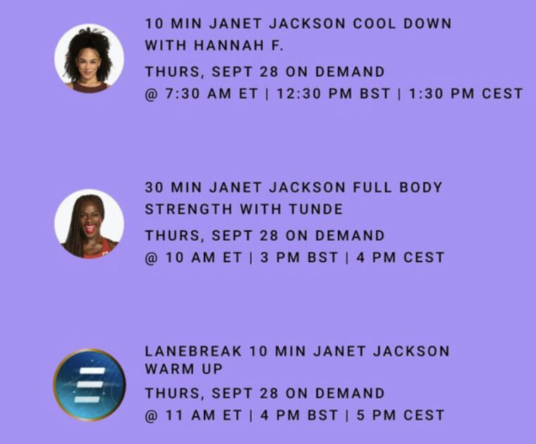 Peloton Janet Jackson classes. Image credit Peloton social media.