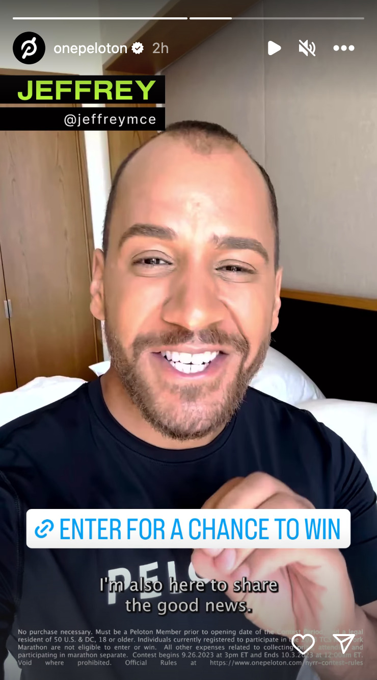 @OnePeloton Instagram Story announcing NYC marathon contest.