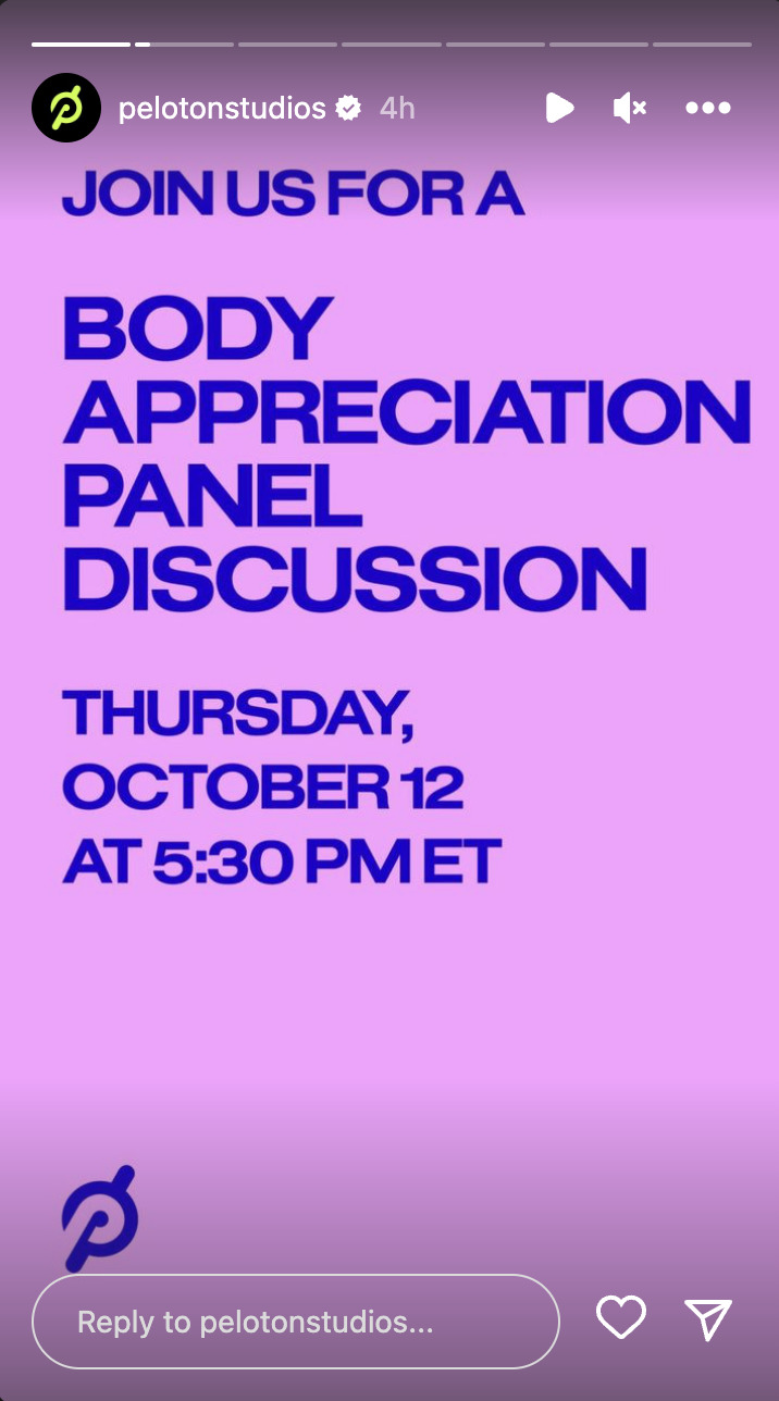 @PelotonStudios Instagram Story announcing Body Appreciation event on October 12.