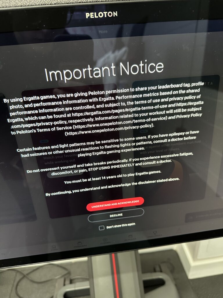 New disclaimer before taking an Ergatta Game workout on Peloton Row.
