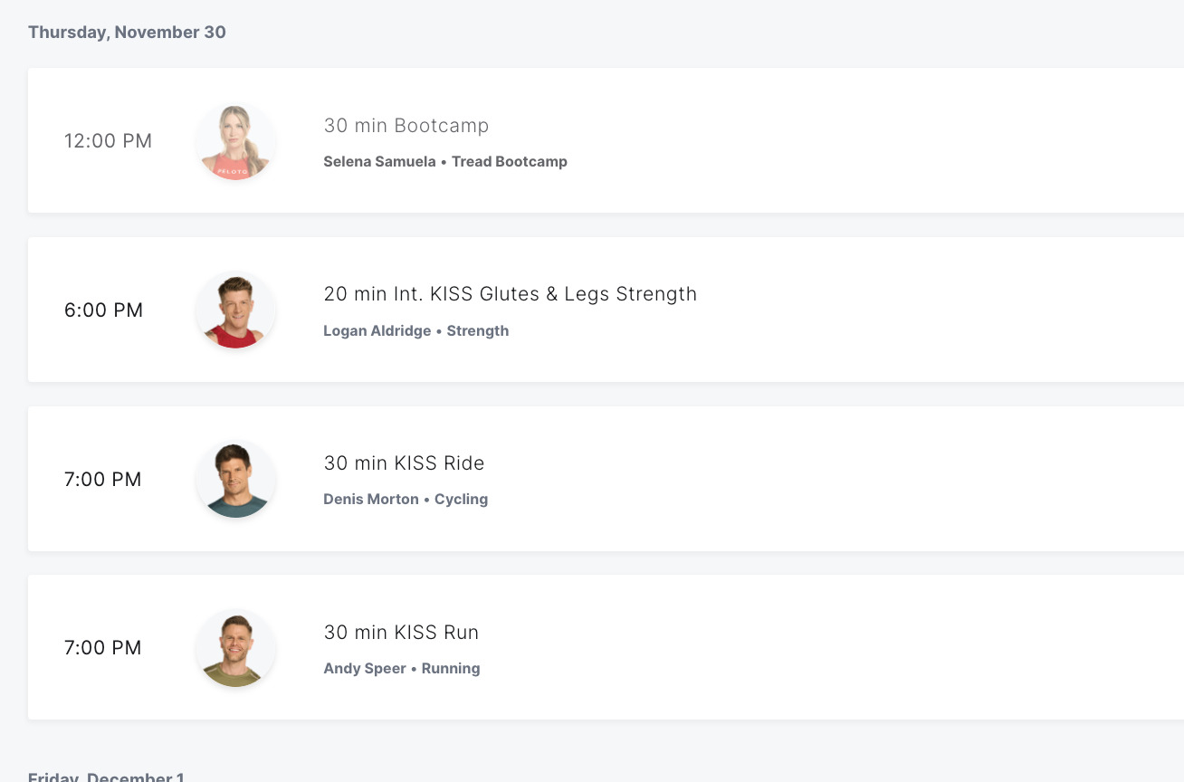 KISS classes on Peloton Studio Booking Site.