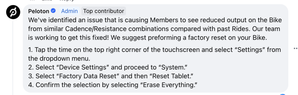 Peloton confirming the issue in the Official Peloton Member Page.