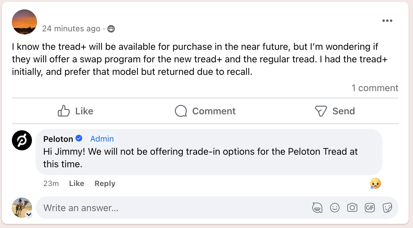Exchange on Official Peloton Member Page on Facebook regarding Tread+ trade-in program.