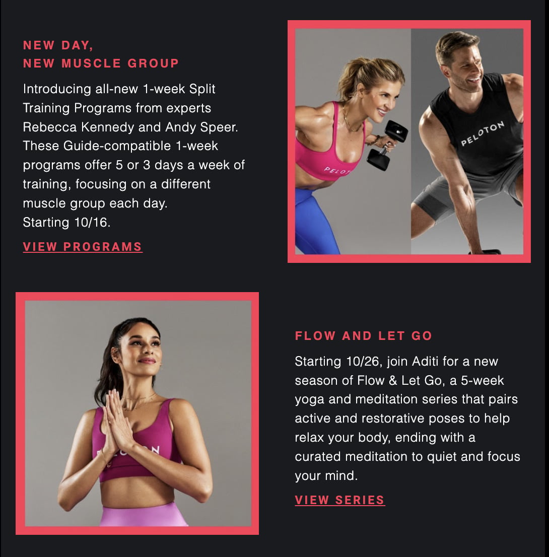 Peloton's October 2023 Workouts to Watch email.
