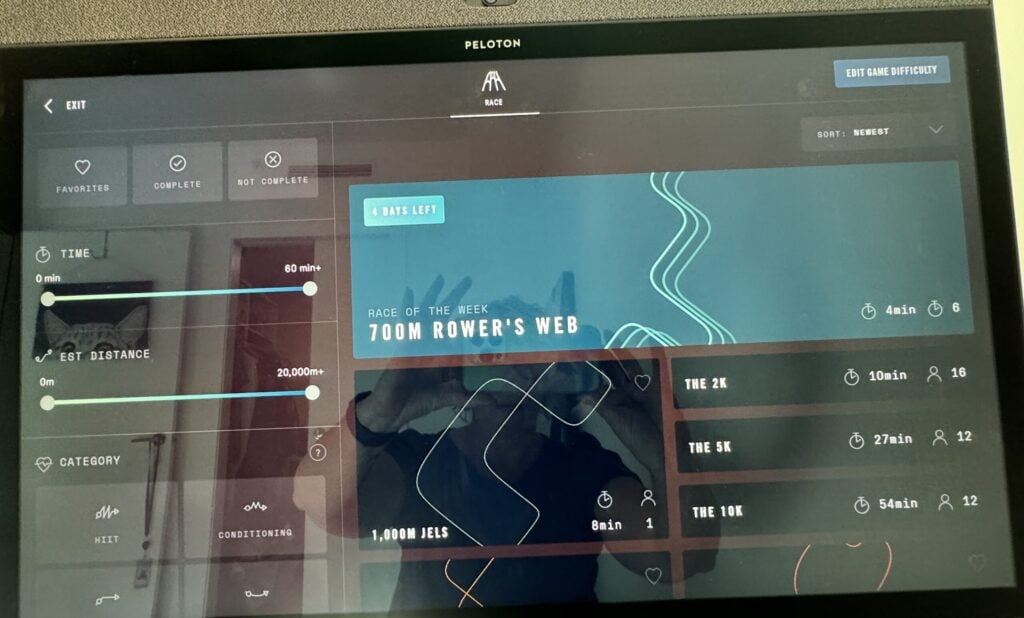 Different race options, including the race of the week, in "Races" Ergatta mode on Peloton.