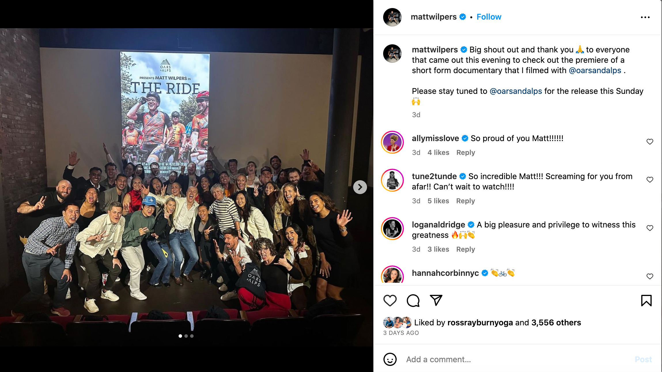 Matt Wilpers Instagram post from the premiere of "The Ride."