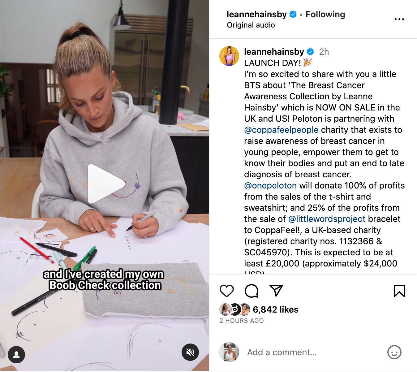 Leanne Hainsby's Instagram post announcing new apparel collection.