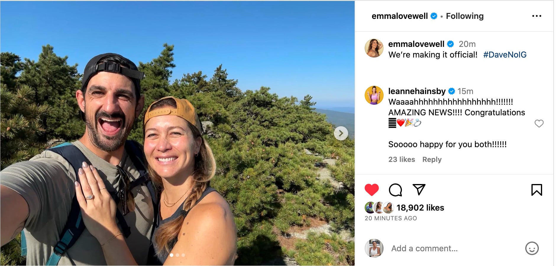 Emma Lovewell's Instagram post announcing her engagement.