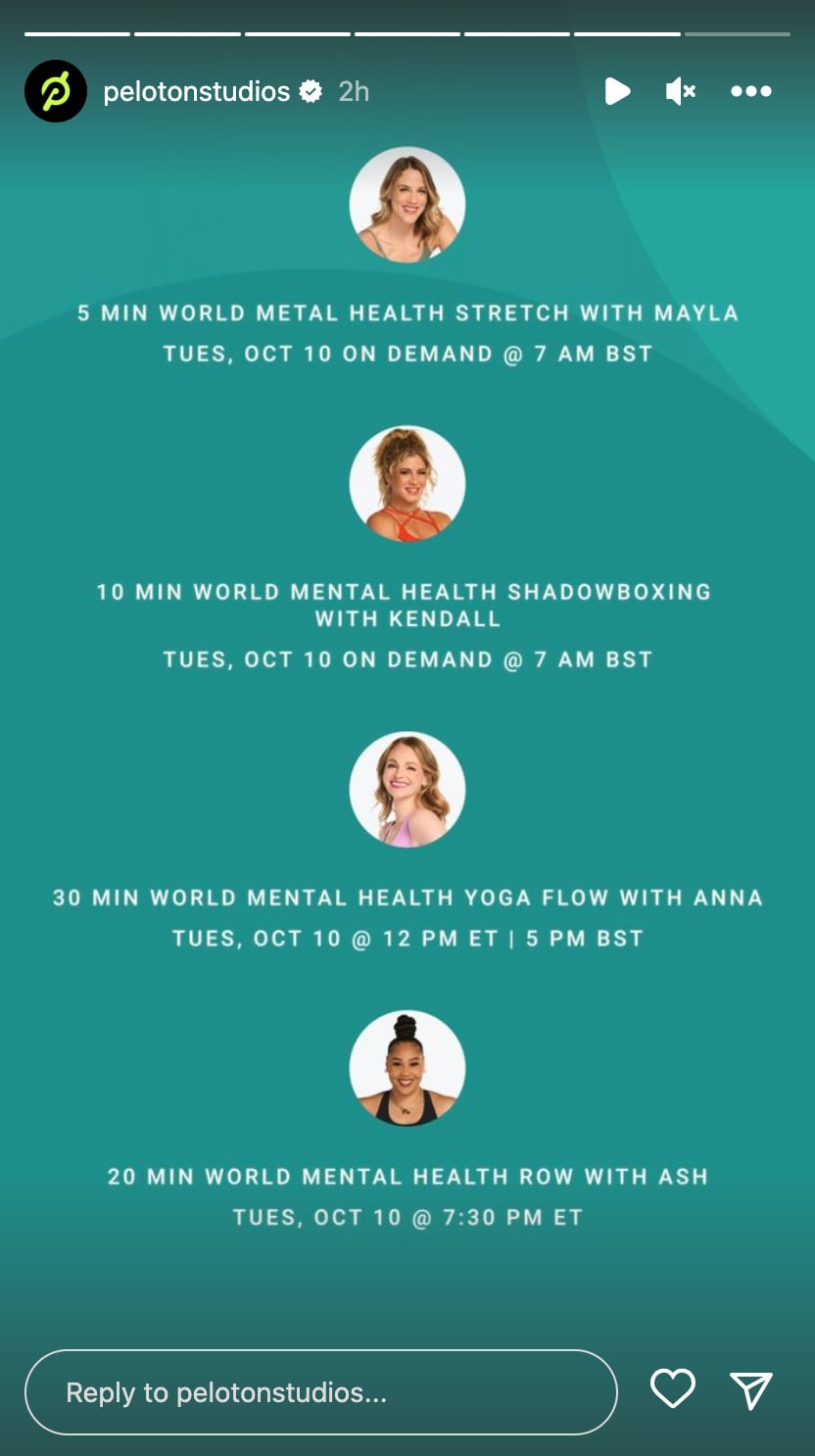 2023 World Mental Health Day classes. Image credit Peloton social media.
